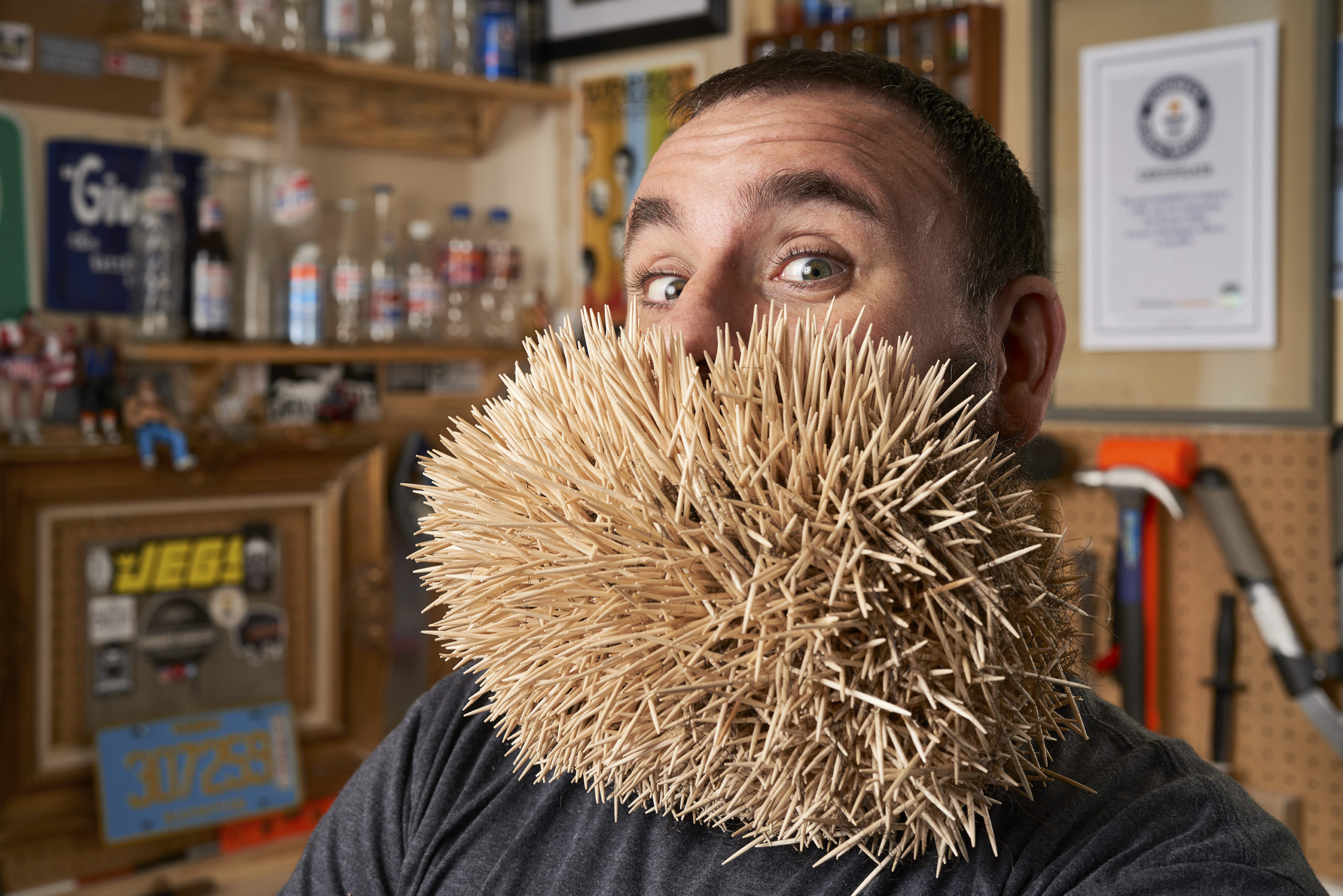 Joel Strasser - Most toothpicks in a beard Guinness World Records 2020 Photo Credit: James Ellerker/Guinness World Records