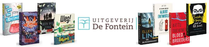 Een witte banner met het logo van Uitgeverij De Fontein in het midden. Aan de linkerkant staan vier omslagen van jeugdboeken, aan de rechterkant vier romans en thrillers uit de voorjaarscatalogus.