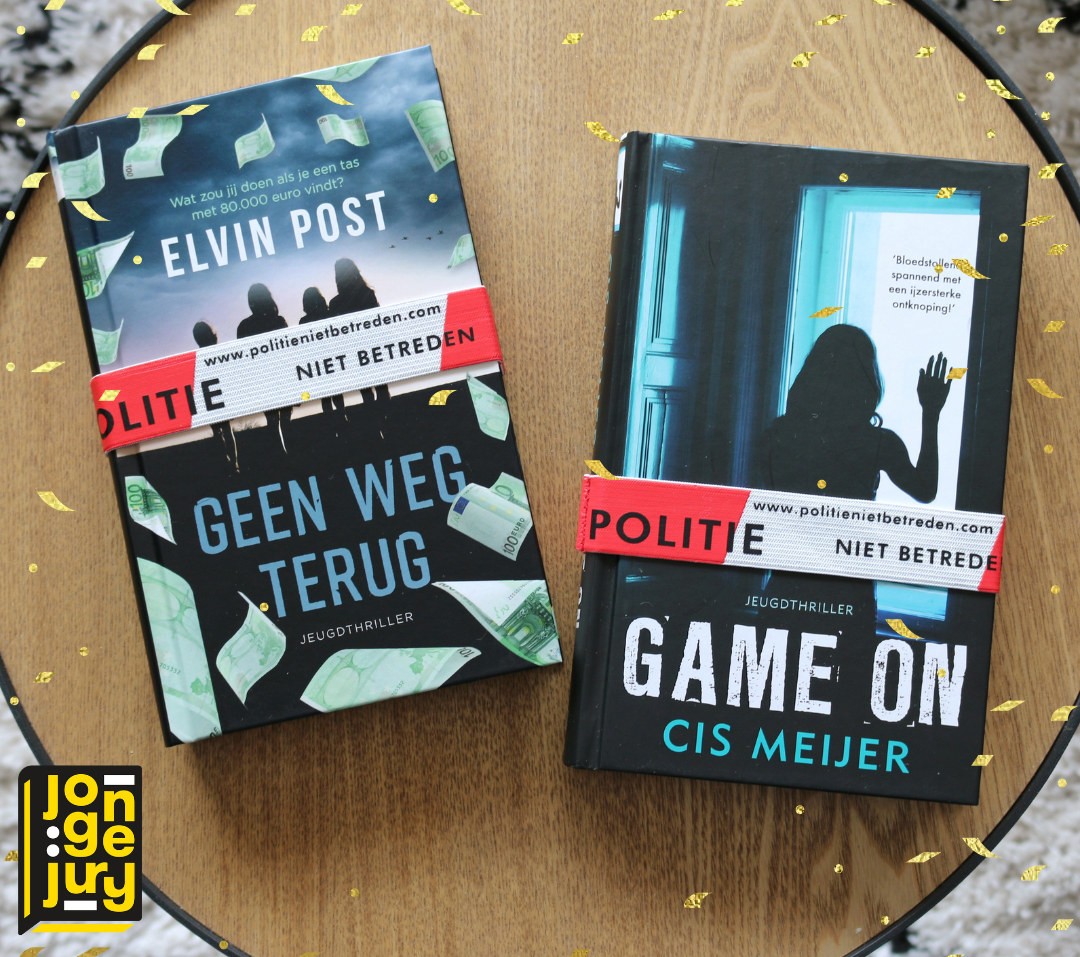 Foto van de boeken Geen weg terug en Game on met gouden confetti en het Jonge Jury-logo